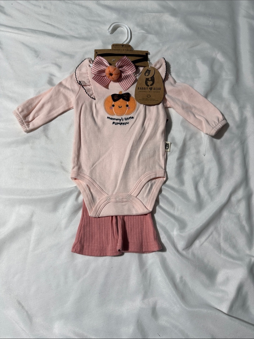 Rabbit + Bear Halloween Baby Outfit 3-Piece Set – 0-3M Pumpkin Organic Cotton